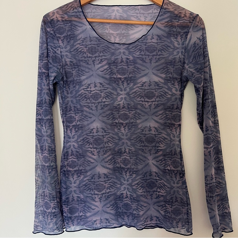 Harley Davidson Purple Logo Sheer Mesh Long Sleeve Top Women’s Size Small